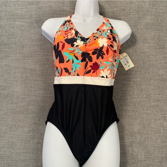 Sea Angel Halter Orange Floral Swimsuit Meadowdale Black Cheeky Bottom Womens L - Picture 14 of 14